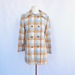 1970s Brown and Blue Plaid Double Breatsted Coat Large